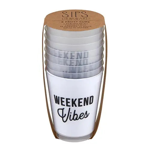 16 oz white plastic frost cup with the words "weekend vibes" printed in black comes in a set of 8